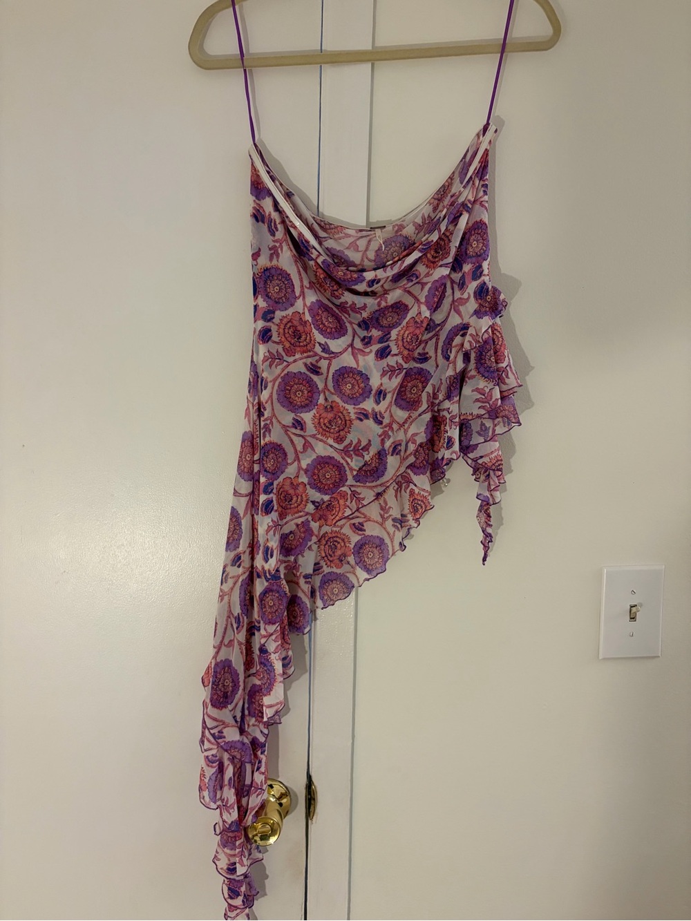 Free People Asymmetrical Floral Strapless Top in Purple and Pink